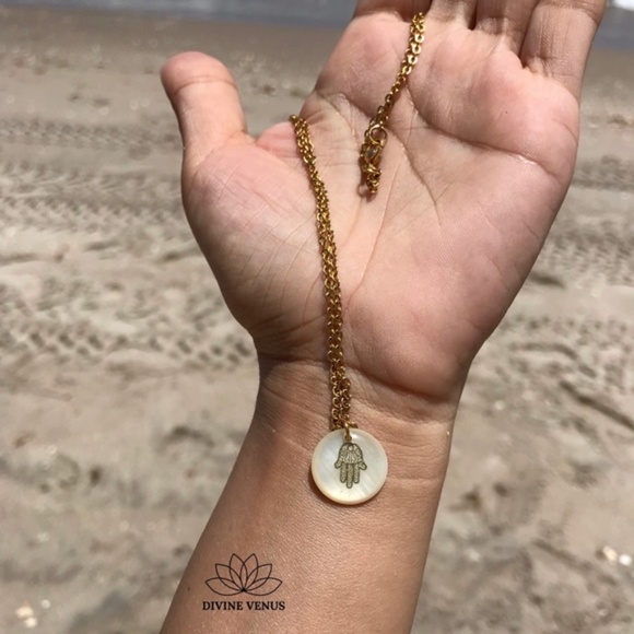 Freshwater Shell Hamsa Necklace | Stainless Steel - Picture 3 of 10